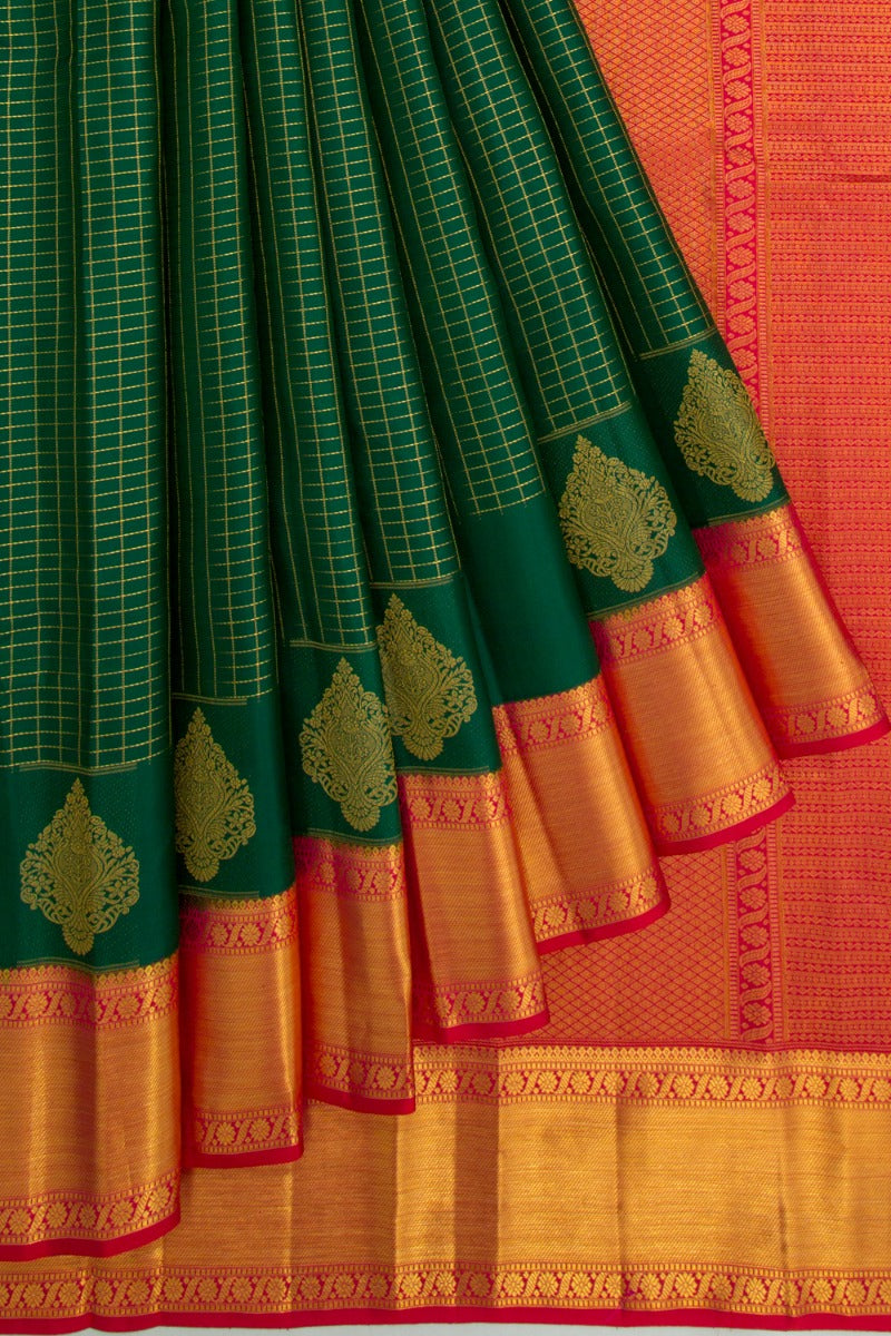Kanchipuram Silk Checks Dark Green Saree