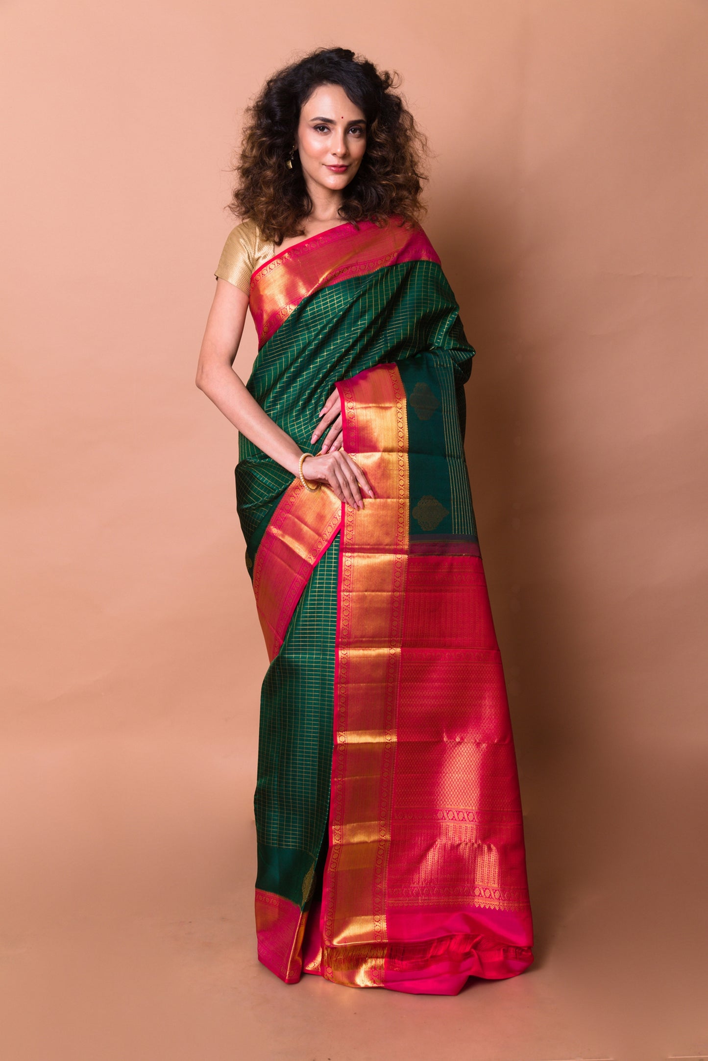 Kanchipuram Silk Checks Dark Green Saree