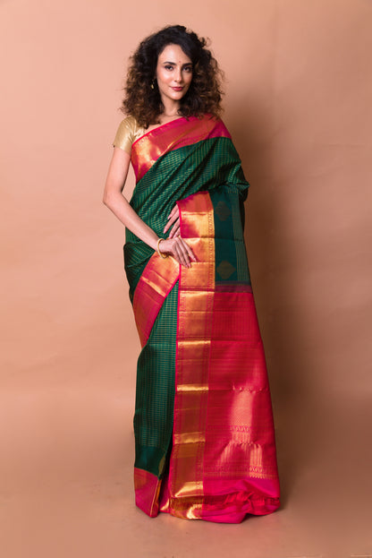 Kanchipuram Silk Checks Dark Green Saree