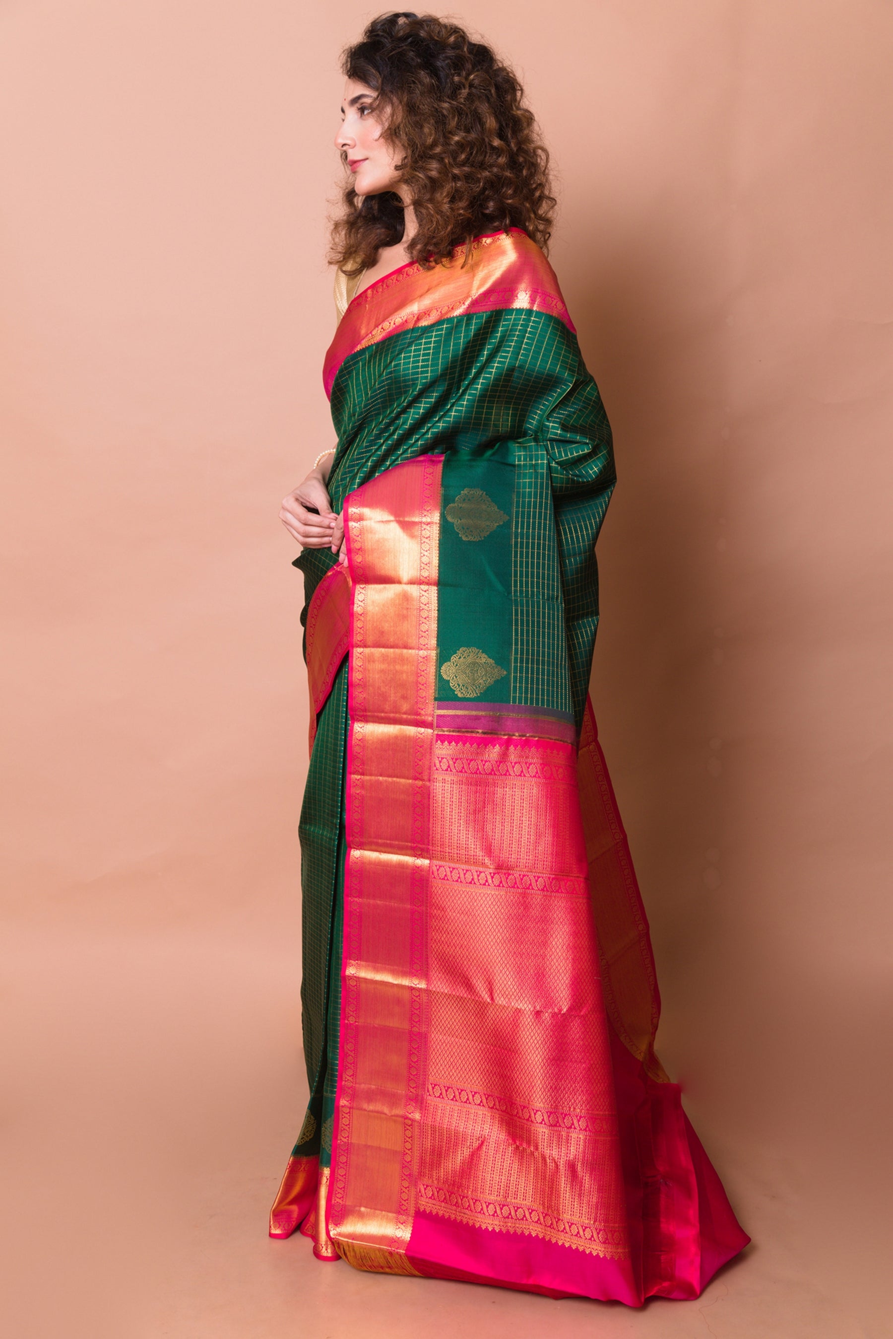 Kanchipuram Silk Checks Dark Green Saree
