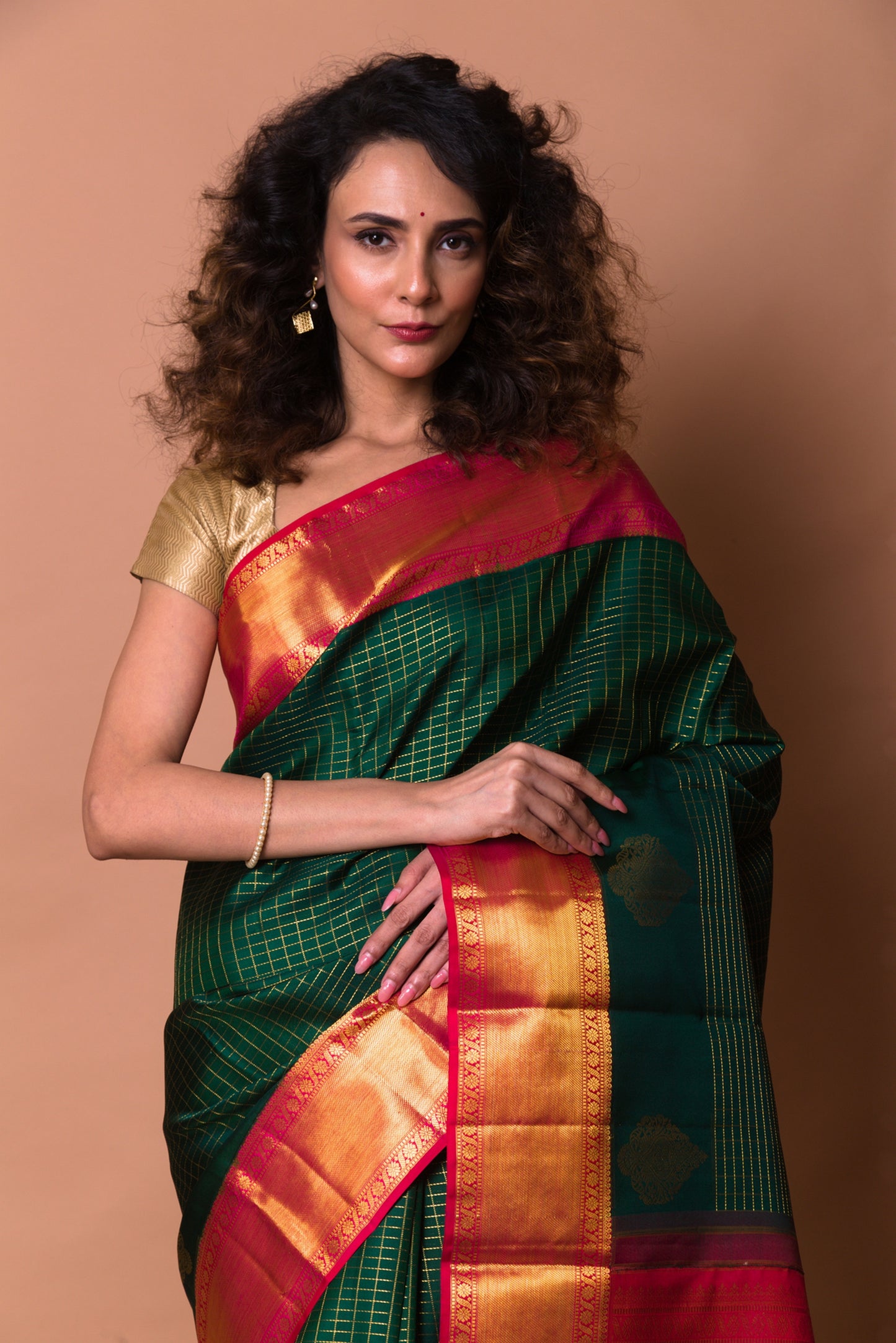 Kanchipuram Silk Checks Dark Green Saree