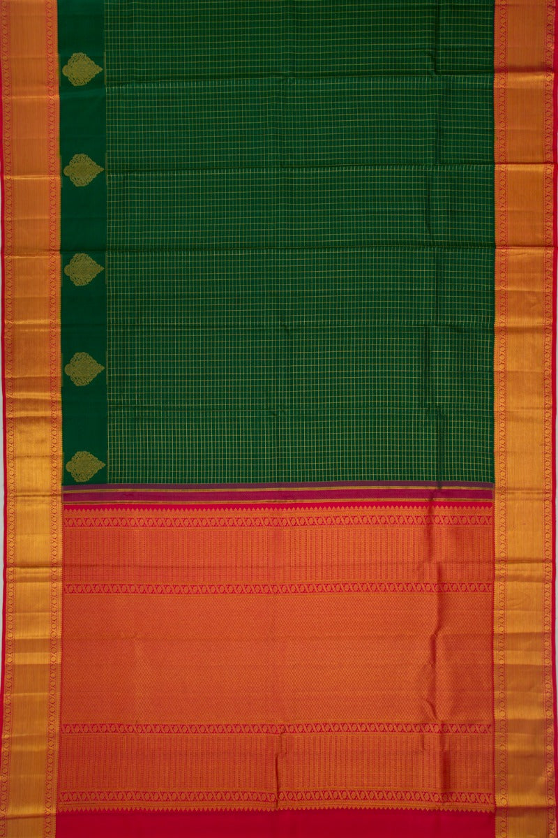 Kanchipuram Silk Checks Dark Green Saree