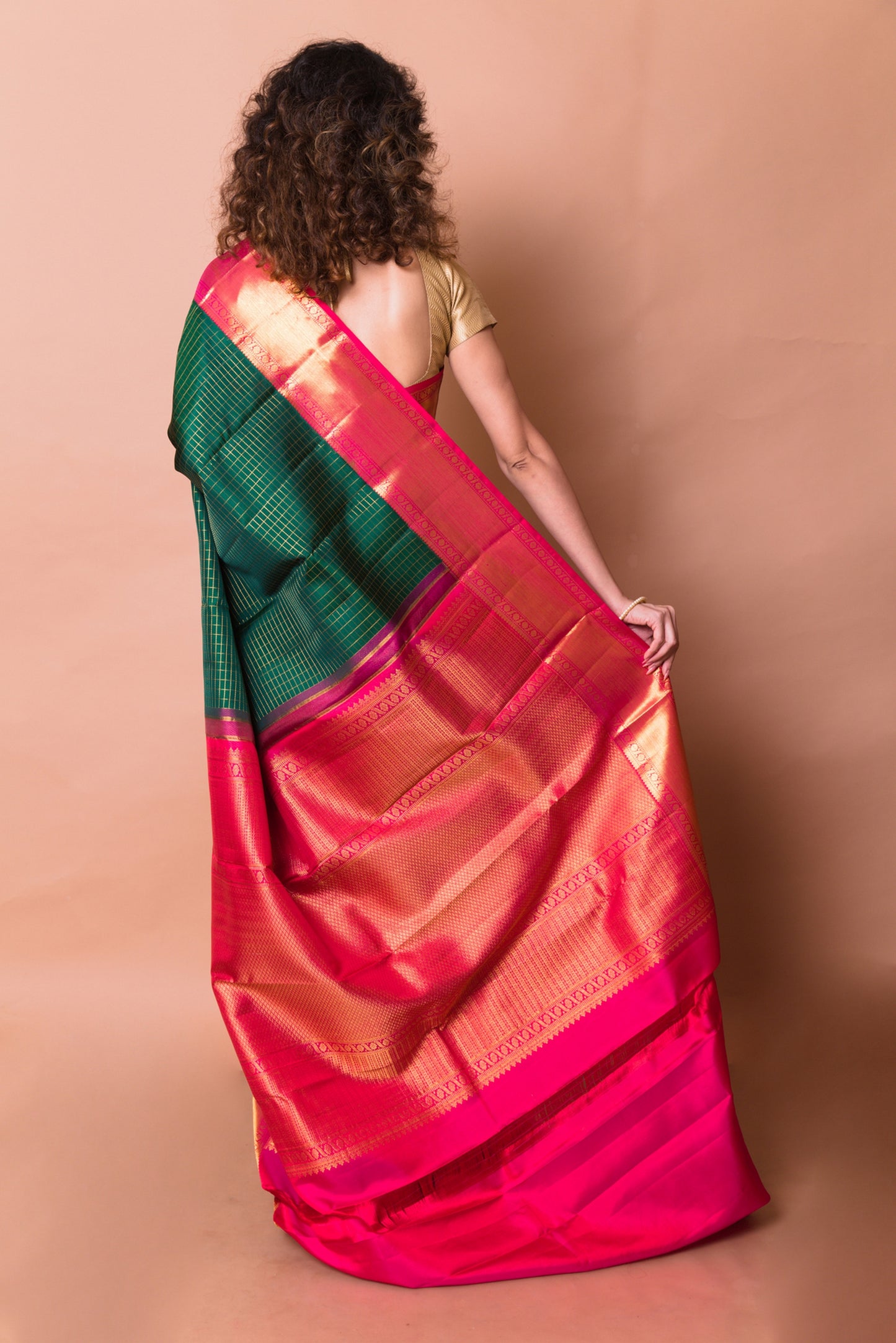 Kanchipuram Silk Checks Dark Green Saree