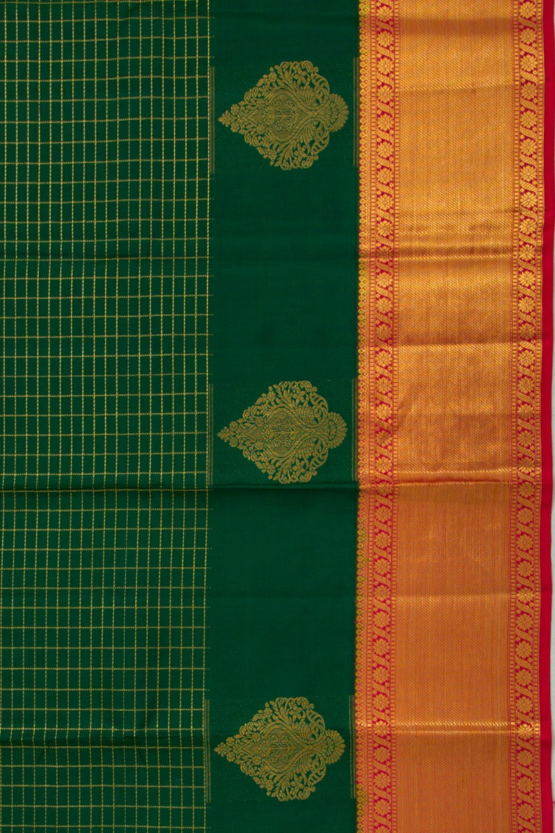 Kanchipuram Silk Checks Dark Green Saree