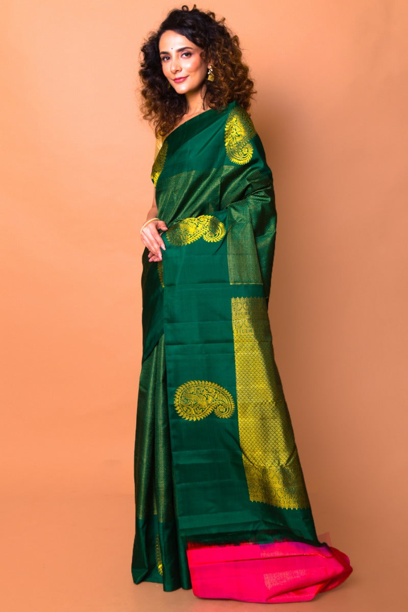 Kanchipuram Silk Checks And Butta Dark Green Saree