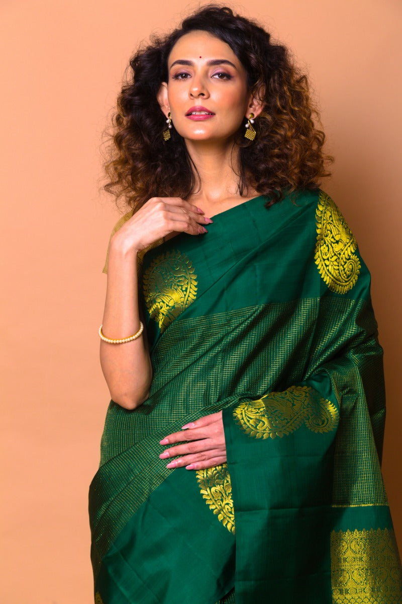 Kanchipuram Silk Checks And Butta Dark Green Saree