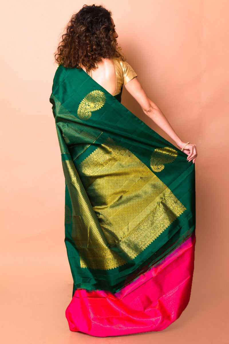 Kanchipuram Silk Checks And Butta Dark Green Saree