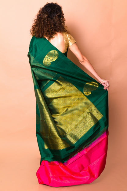 Kanchipuram Silk Checks And Butta Dark Green Saree