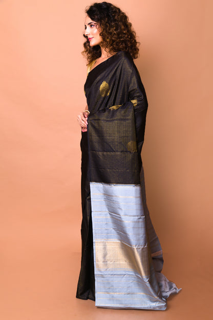 Kanchipuram Silk Checks Black Saree