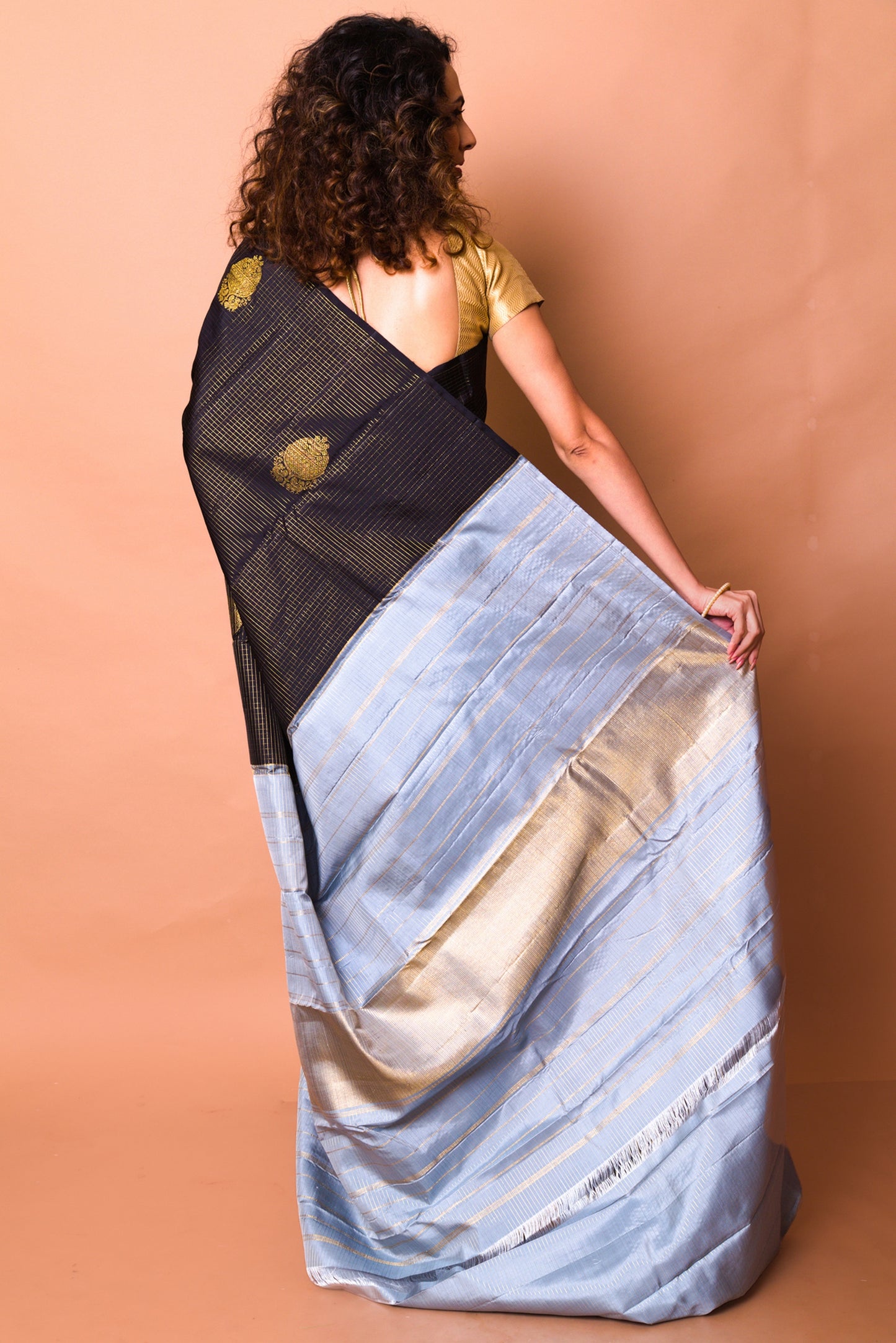 Kanchipuram Silk Checks Black Saree