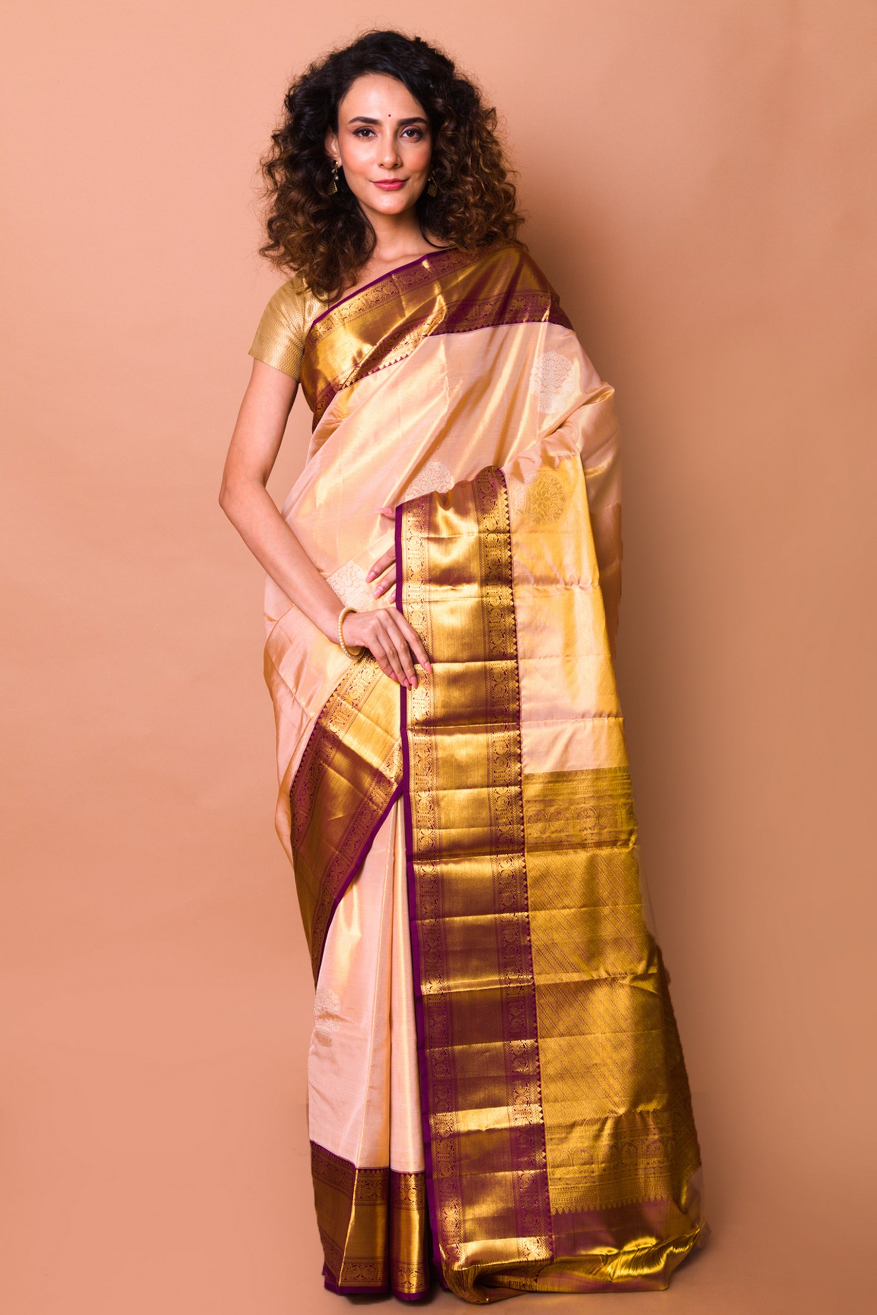 Kanchipuram Silk Tissue Butta Peach Saree