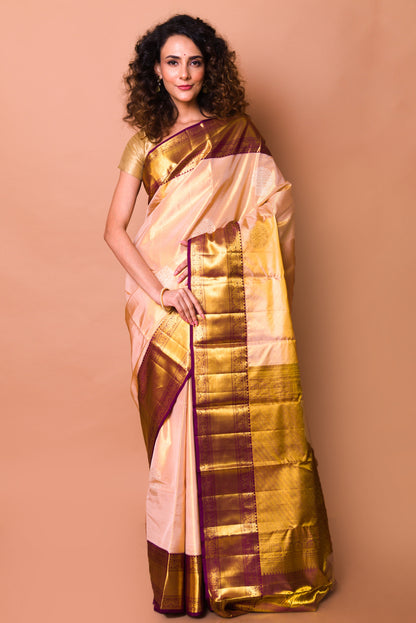 Kanchipuram Silk Tissue Butta Peach Saree
