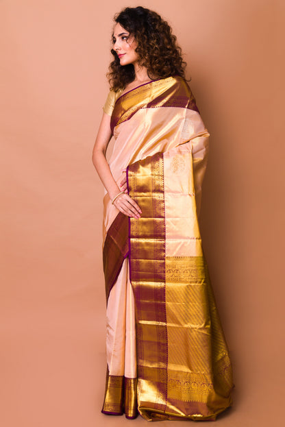 Kanchipuram Silk Tissue Butta Peach Saree