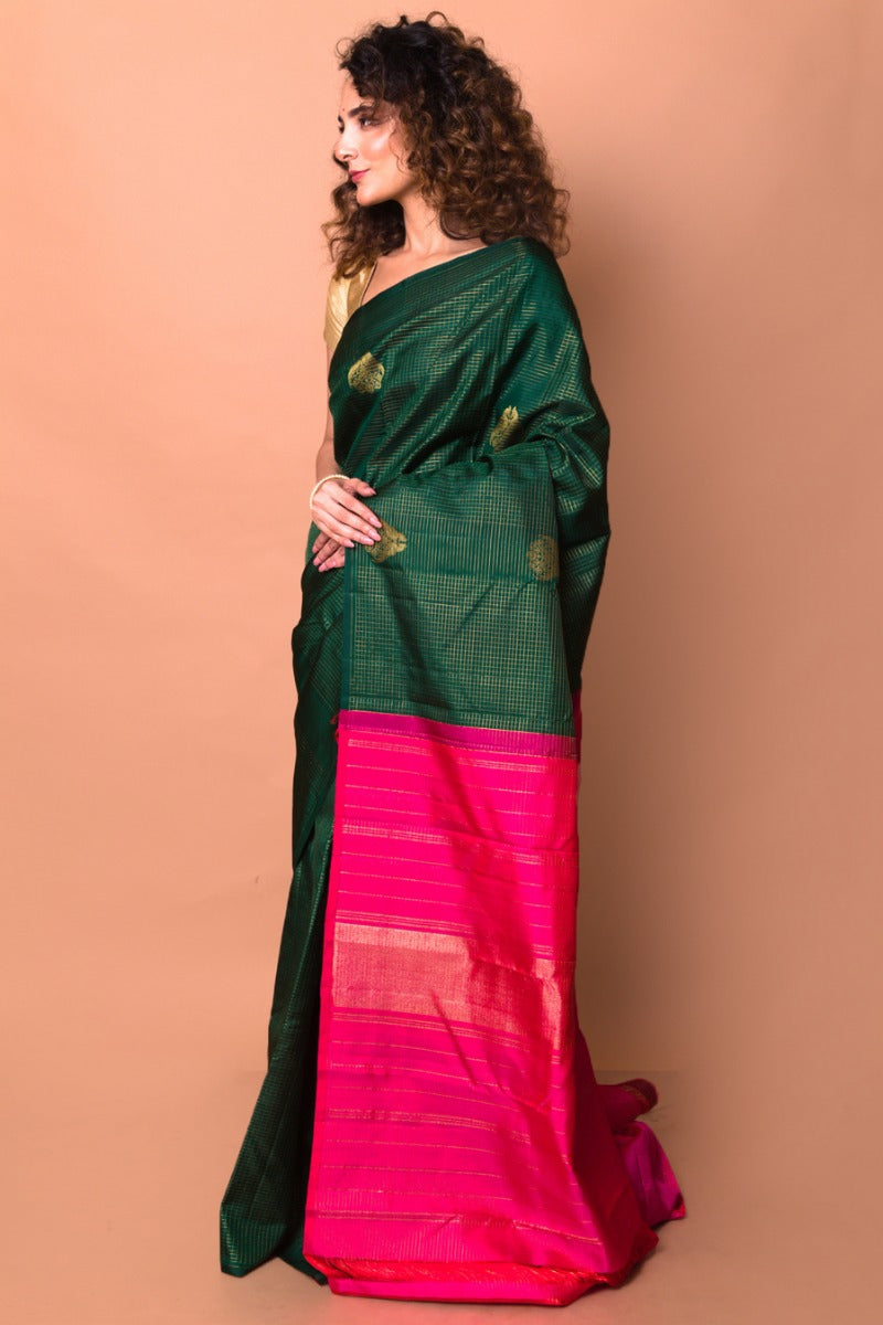 Kanchipuram Silk Checks Dark Green Saree