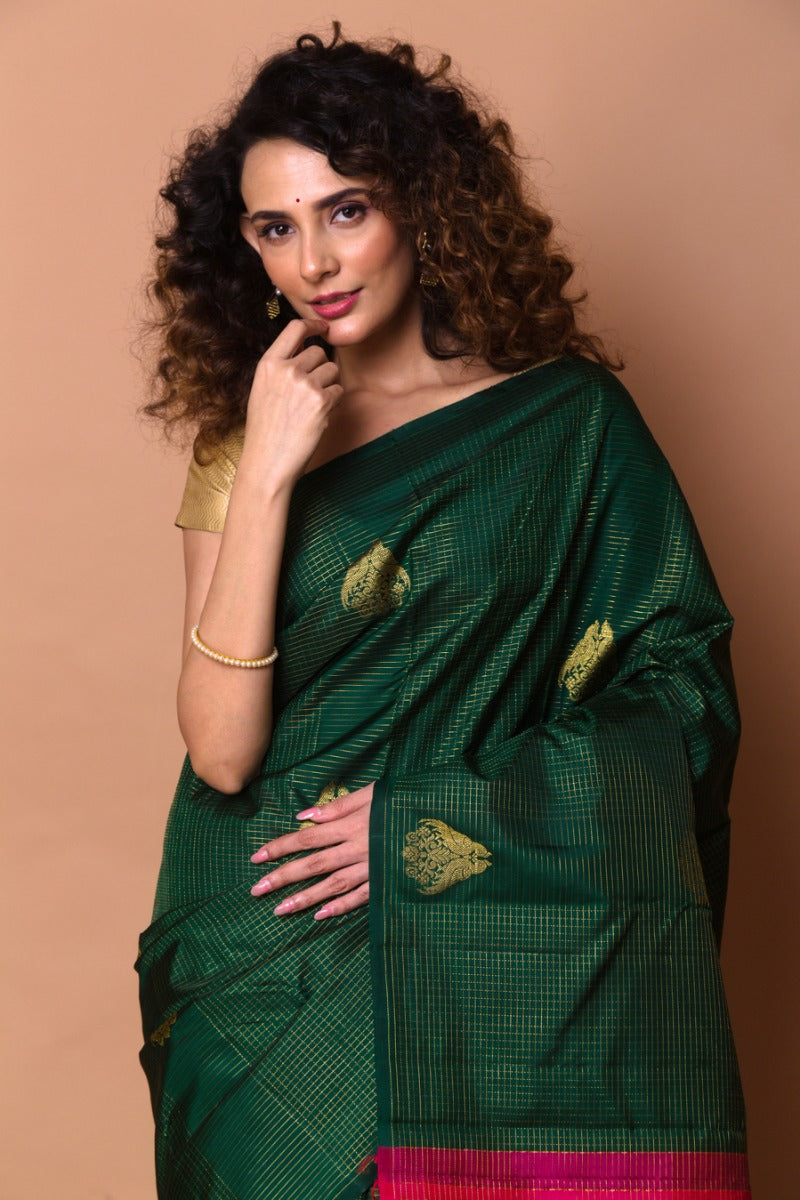 Kanchipuram Silk Checks Dark Green Saree