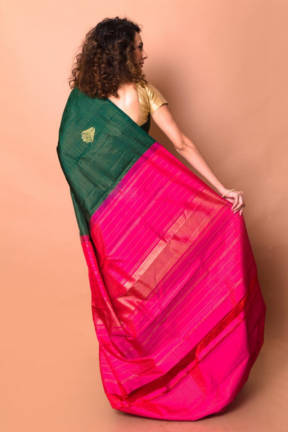 Kanchipuram Silk Checks Dark Green Saree