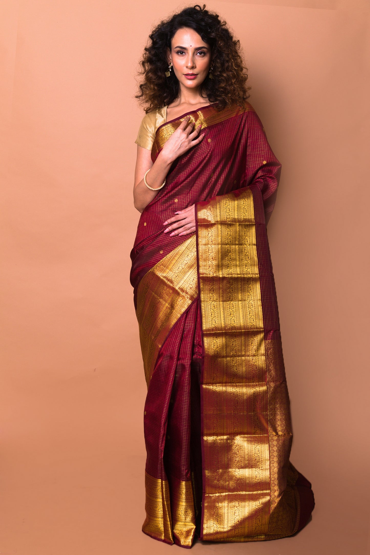 Kanchipuram Silk Checks And Butta Brown Saree