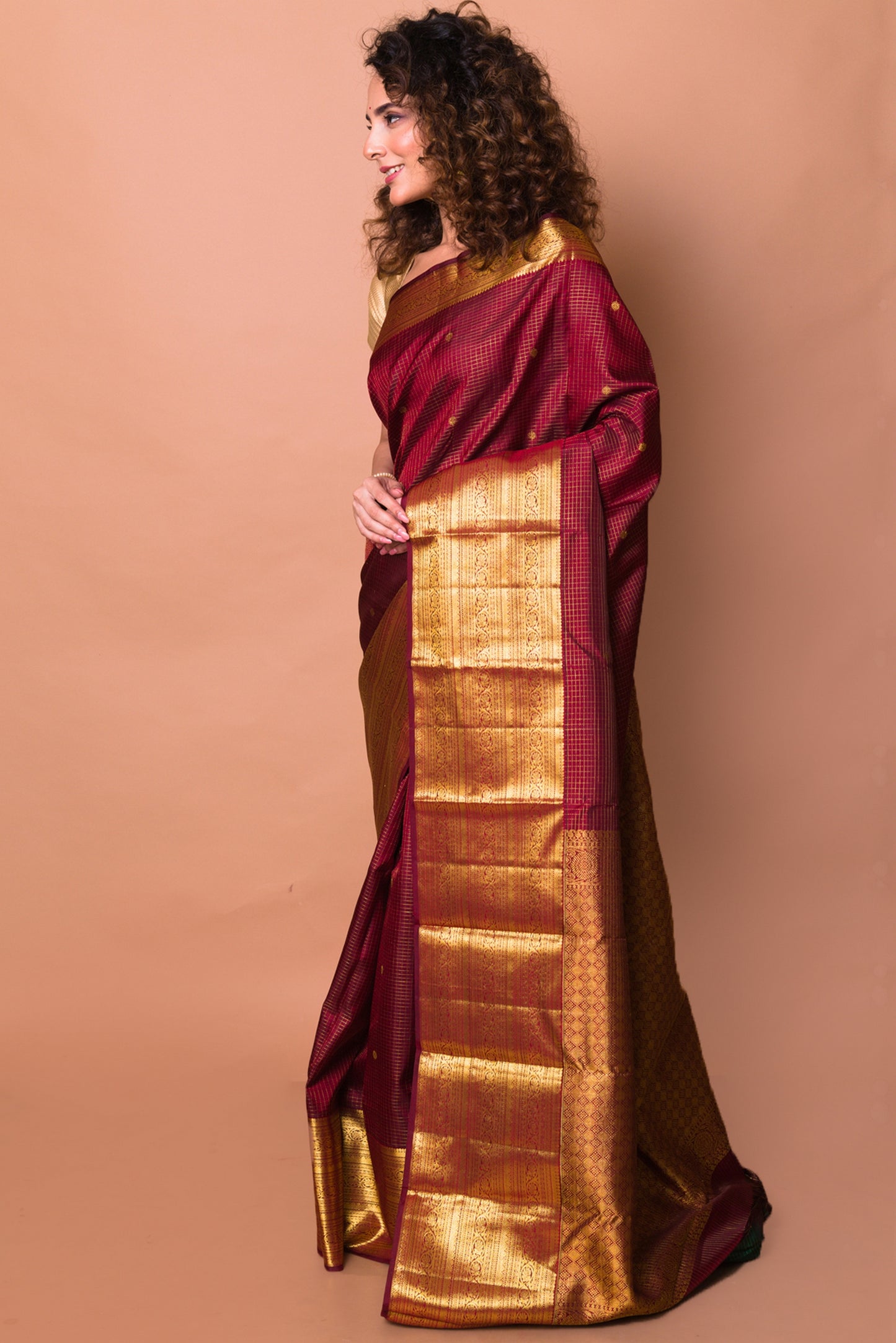 Kanchipuram Silk Checks And Butta Brown Saree