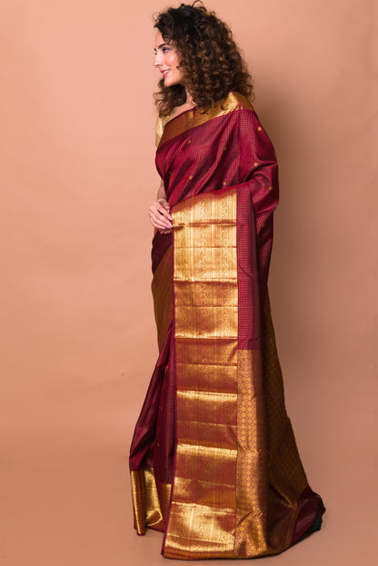 Kanchipuram Silk Checks And Butta Brown Saree