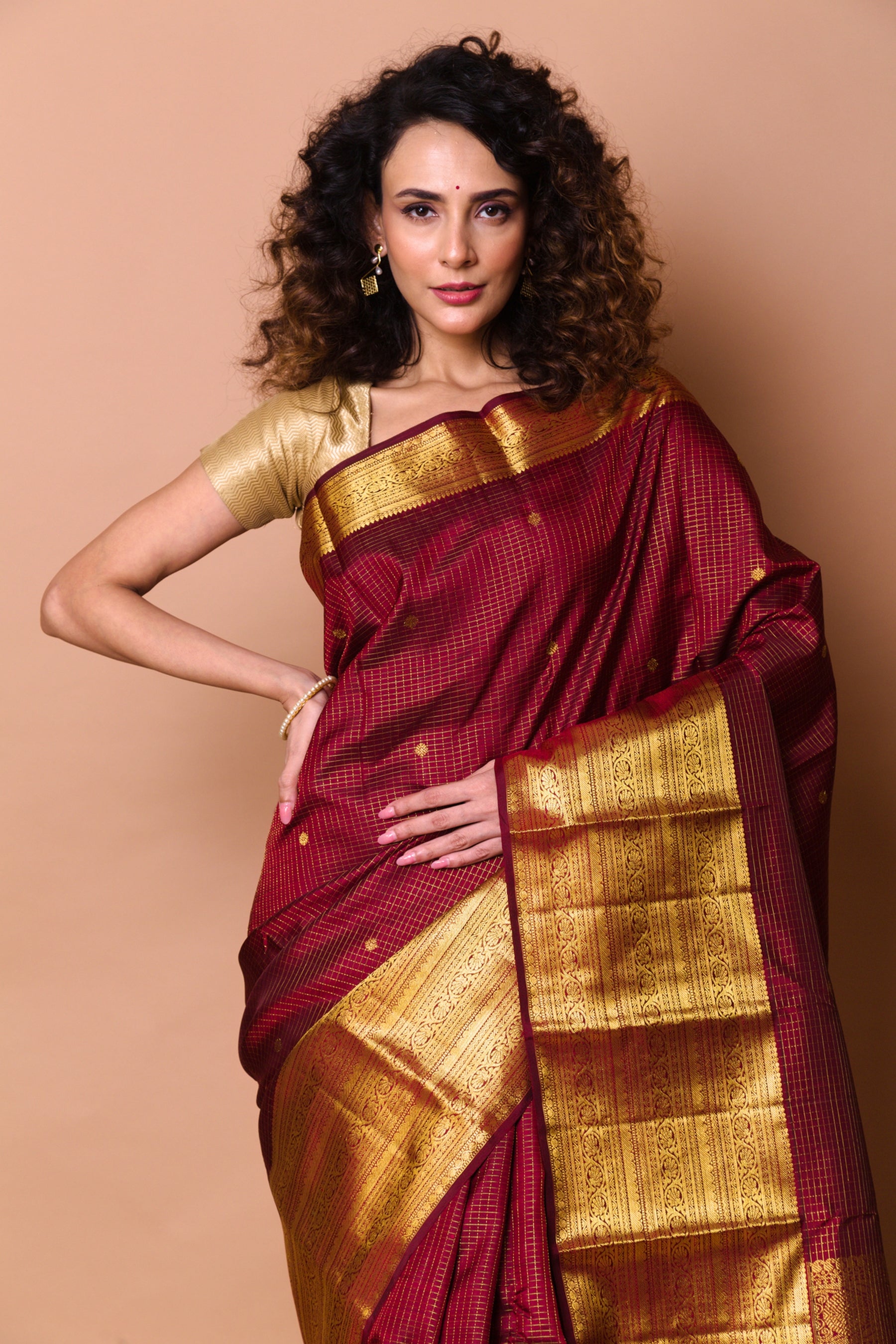 Kanchipuram Silk Checks And Butta Brown Saree