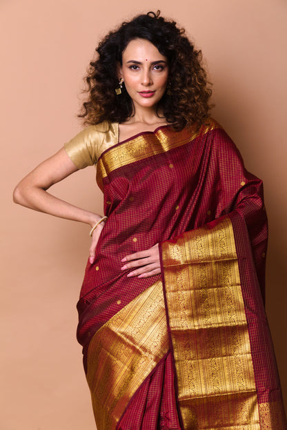 Kanchipuram Silk Checks And Butta Brown Saree