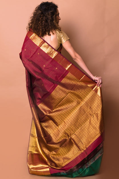 Kanchipuram Silk Checks And Butta Brown Saree