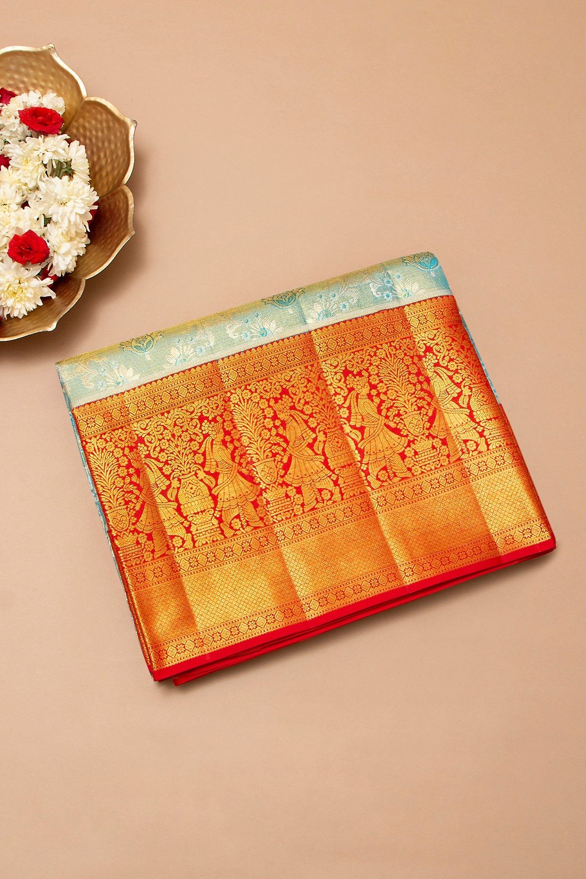 Kanchipuram Silk Tissue Criss Cross Checks And Butta Sky Blue Saree