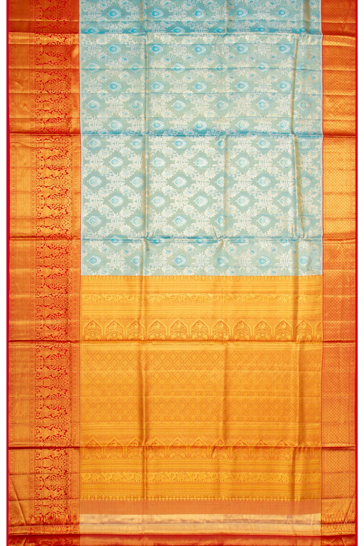 Kanchipuram Silk Tissue Criss Cross Checks And Butta Sky Blue Saree
