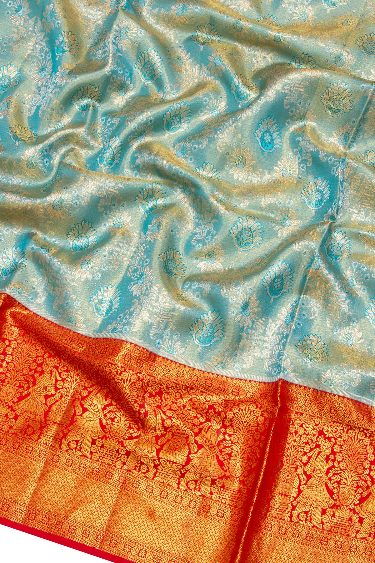 Kanchipuram Silk Tissue Criss Cross Checks And Butta Sky Blue Saree
