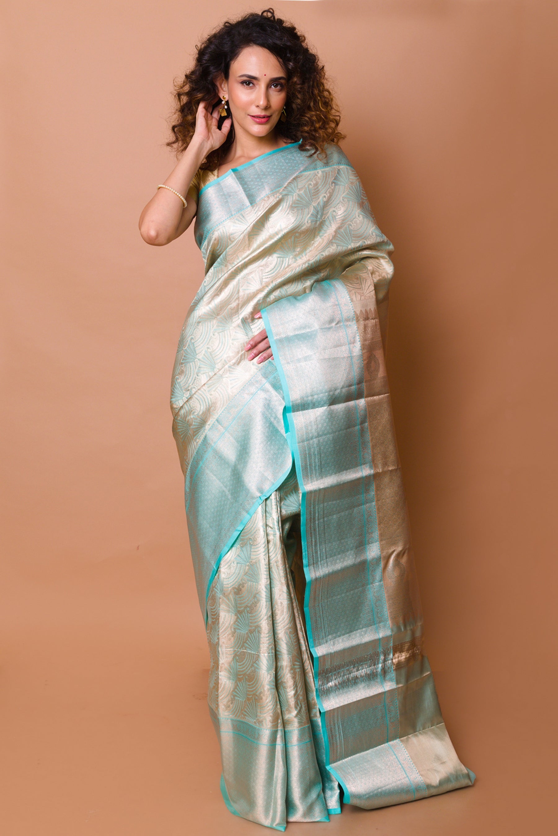 Kanchipuram Silk Tissue Brocade Sky Blue Saree