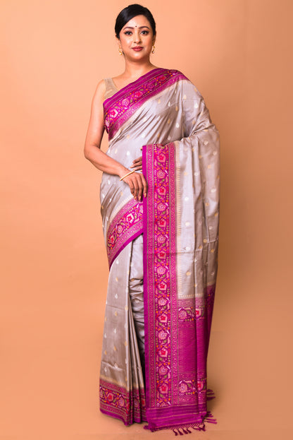 Banarasi Silk Checks And Butta Grey Saree