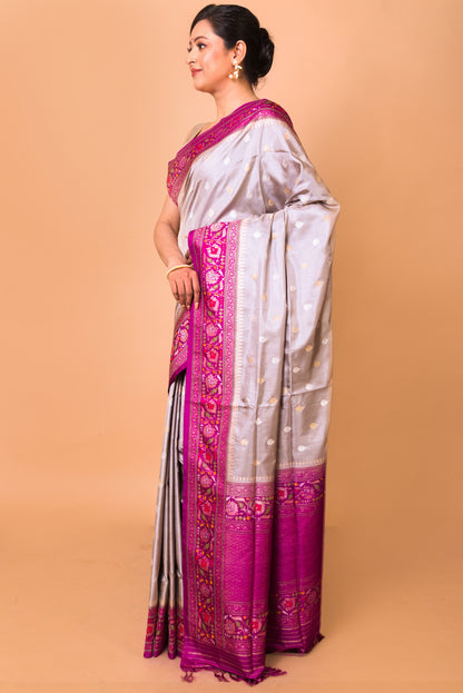 Banarasi Silk Checks And Butta Grey Saree