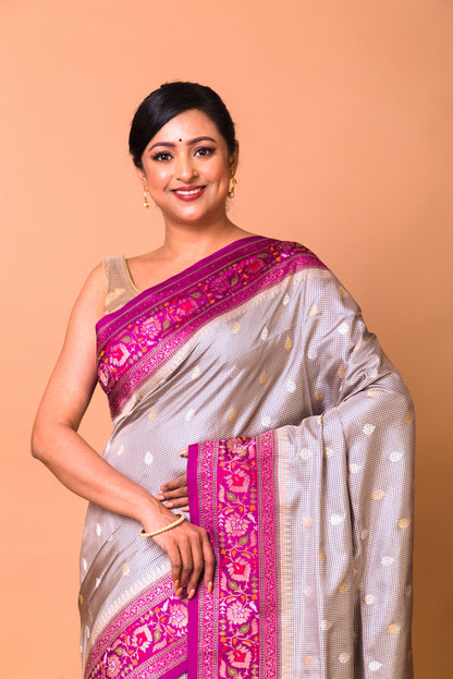 Banarasi Silk Checks And Butta Grey Saree
