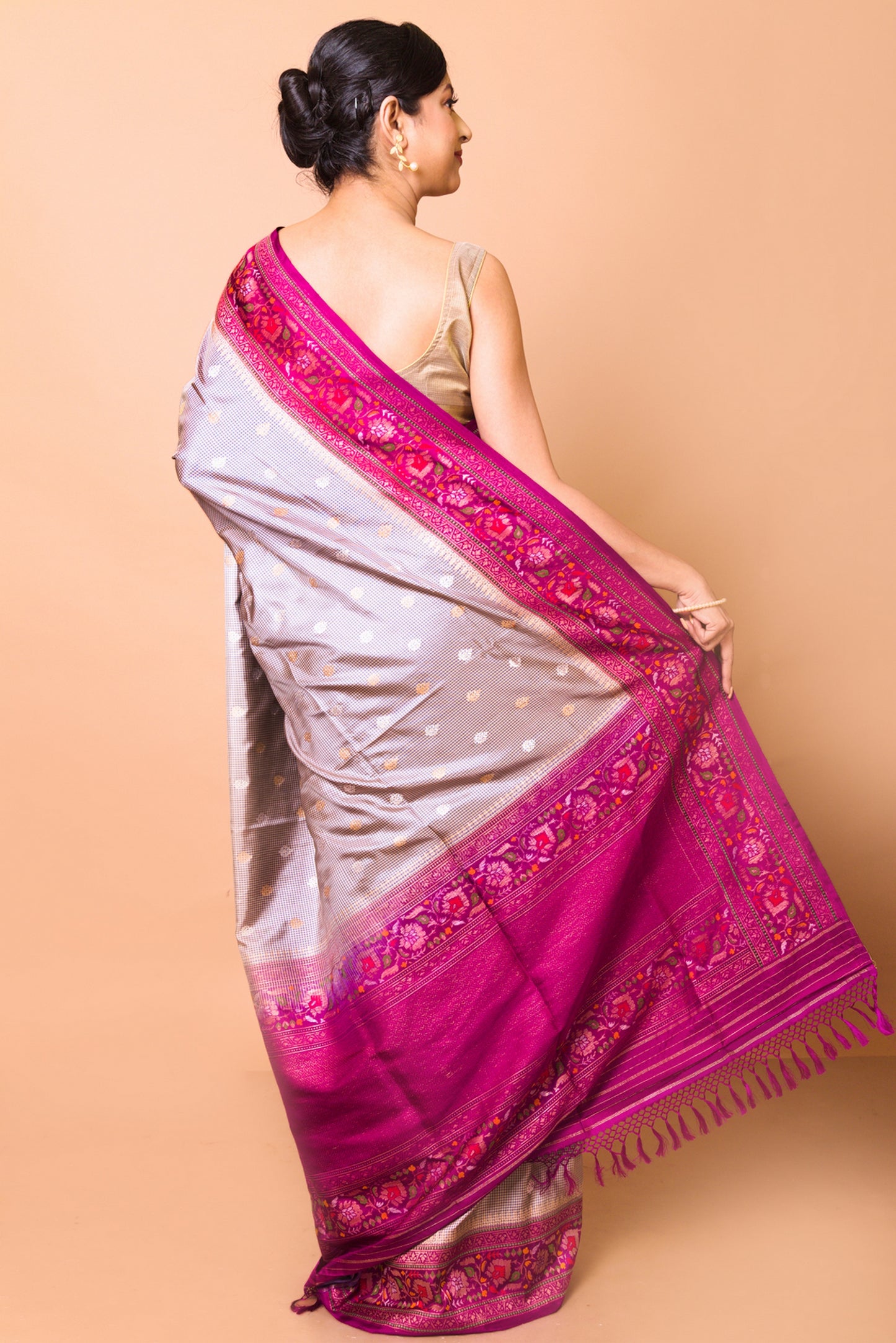 Banarasi Silk Checks And Butta Grey Saree