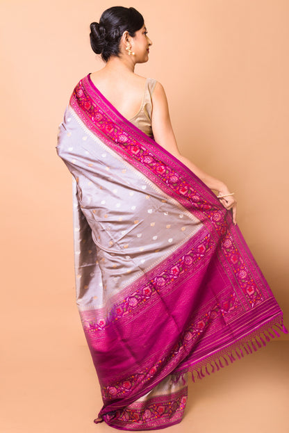 Banarasi Silk Checks And Butta Grey Saree