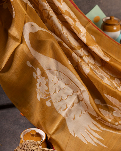 Mustard Tussar Floral Saree with Gold Zari and Red Border