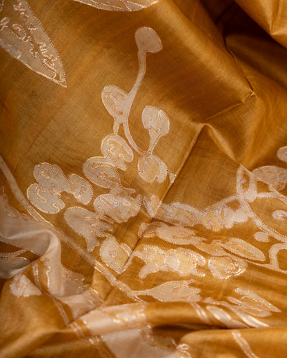 Mustard Tussar Floral Saree with Gold Zari and Red Border