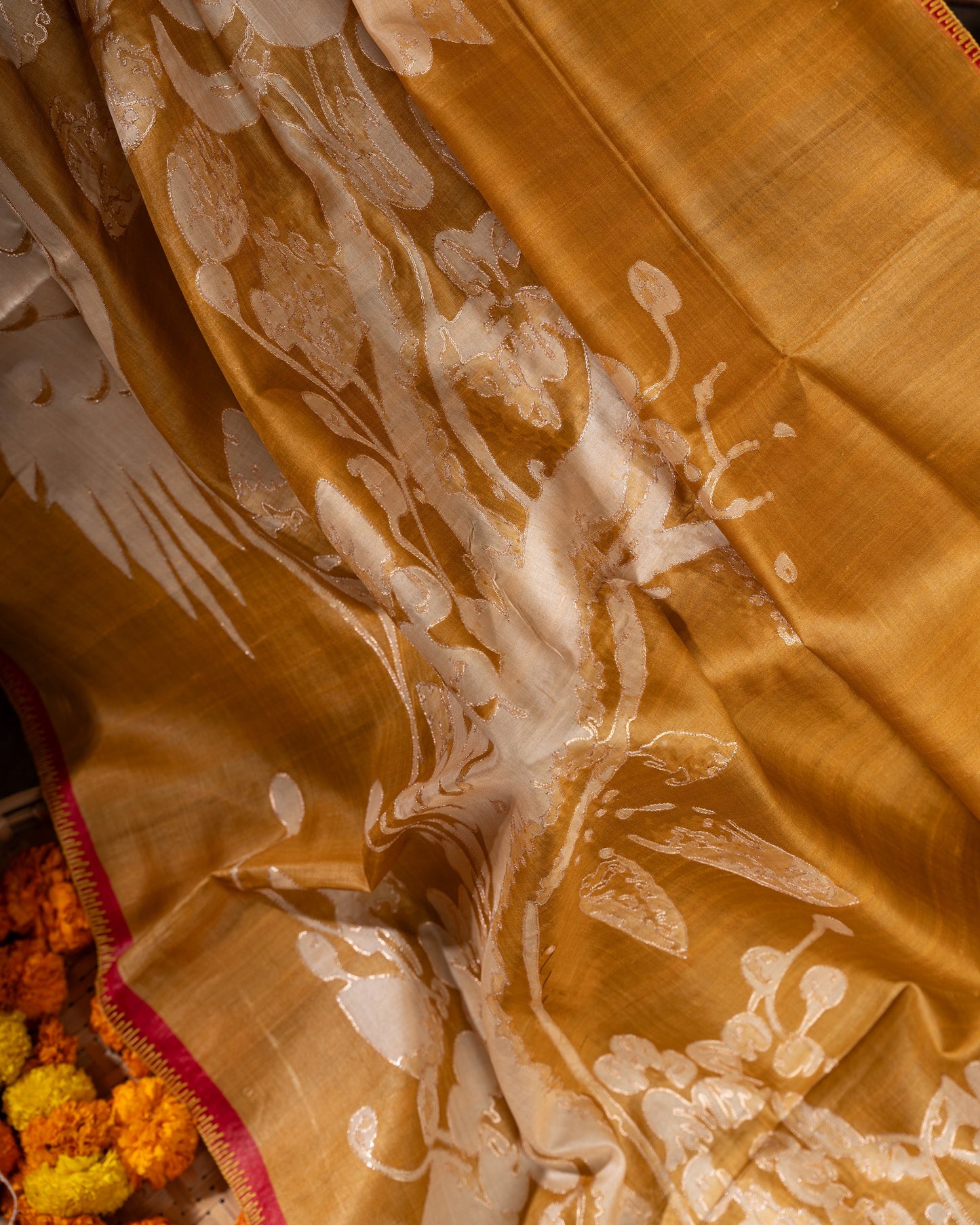 Mustard Tussar Floral Saree with Gold Zari and Red Border