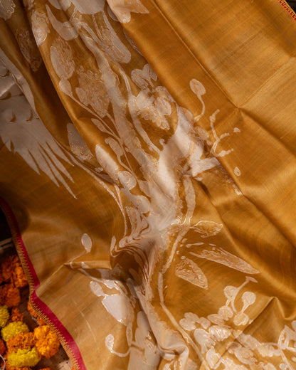 Mustard Tussar Floral Saree with Gold Zari and Red Border