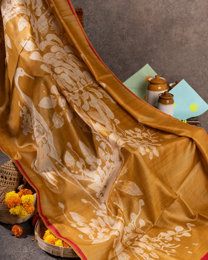 Mustard Tussar Floral Saree with Gold Zari and Red Border