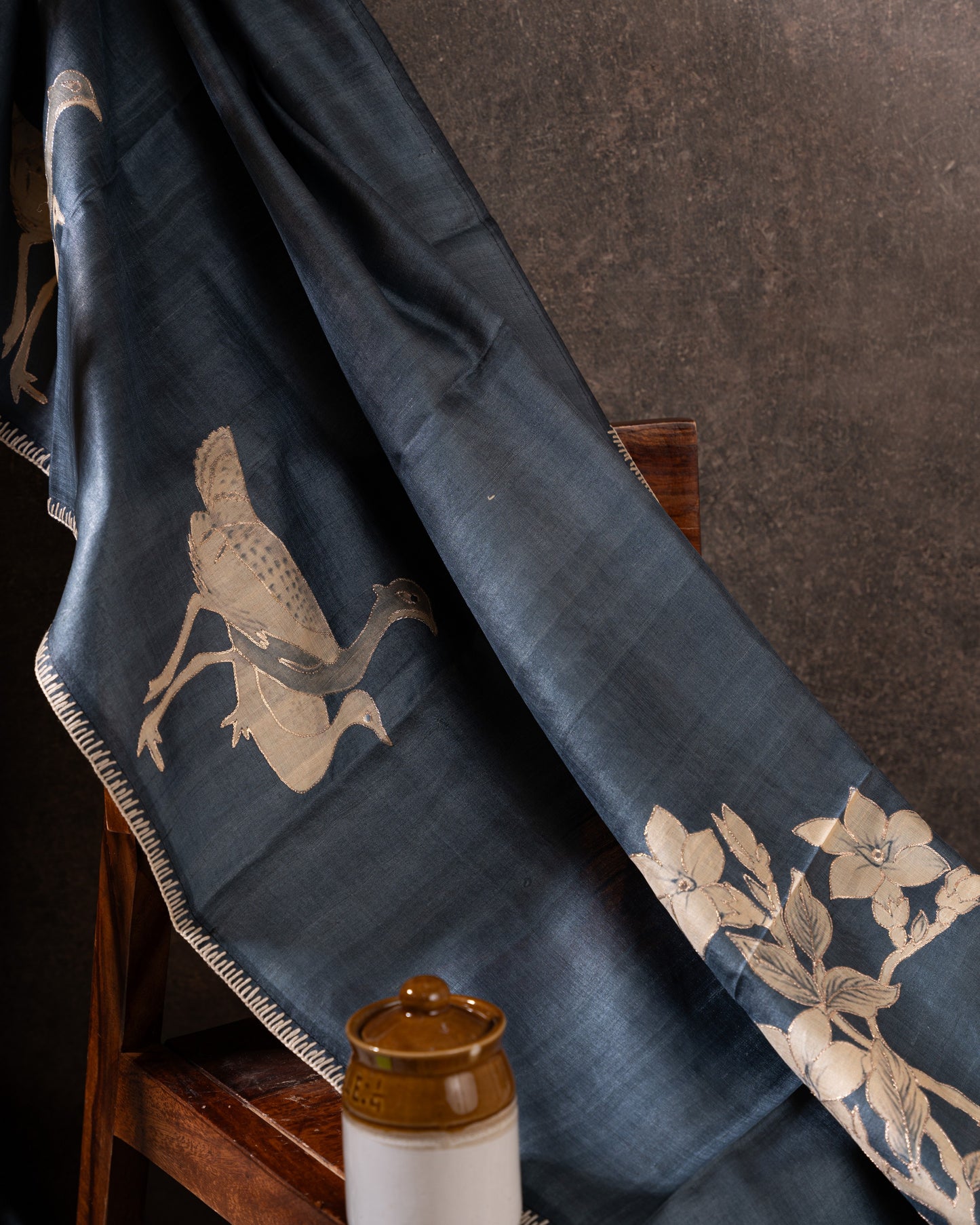 Steel Blue Tussar Floral Saree with Gold Zari Aari Work