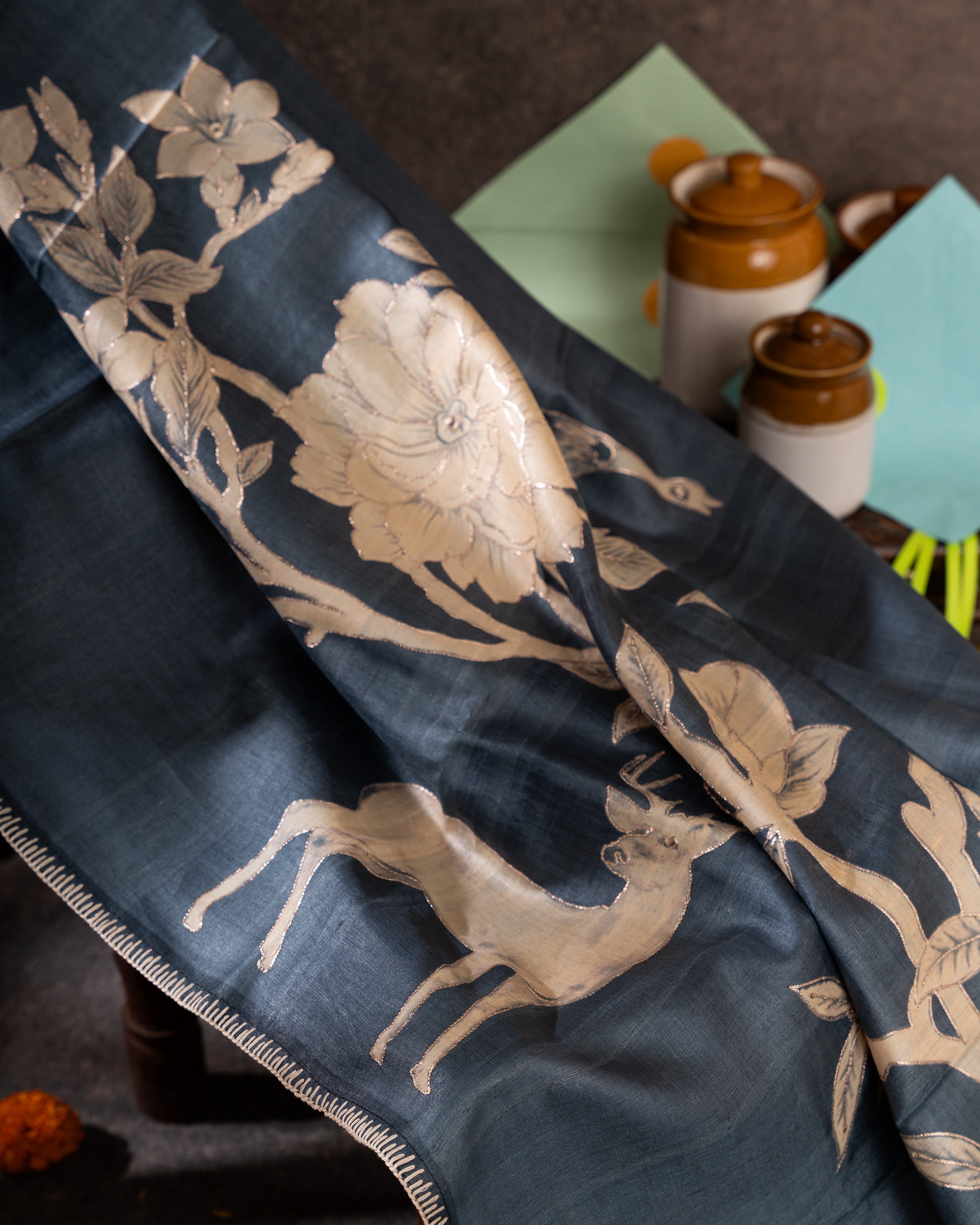 Steel Blue Tussar Floral Saree with Gold Zari Aari Work