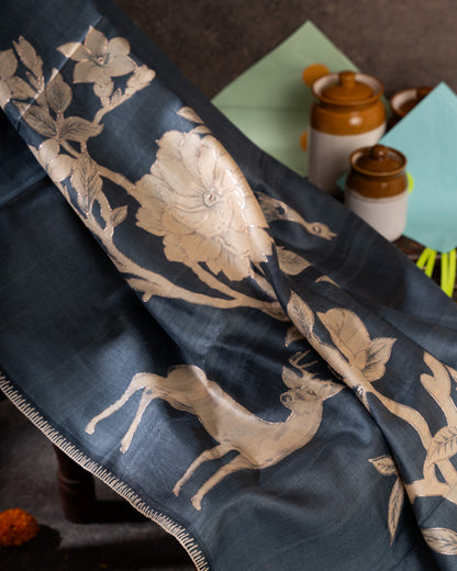 Steel Blue Tussar Floral Saree with Gold Zari Aari Work