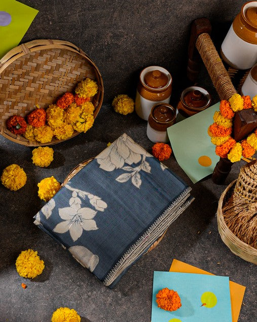 Steel Blue Tussar Floral Saree with Gold Zari Aari Work