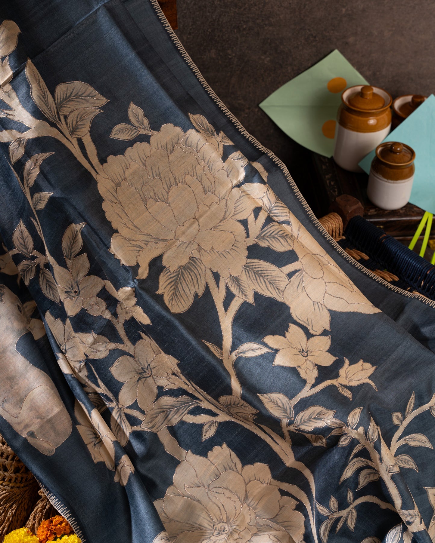 Steel Blue Tussar Floral Saree with Gold Zari Aari Work