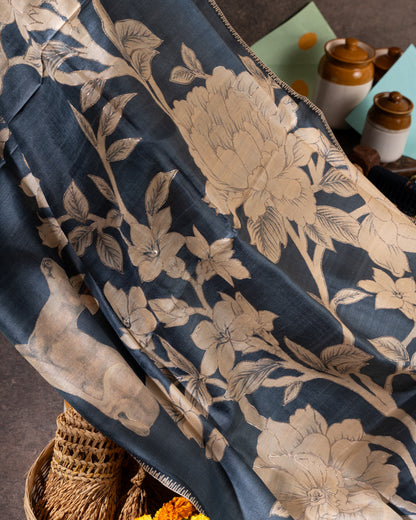 Steel Blue Tussar Floral Saree with Gold Zari Aari Work