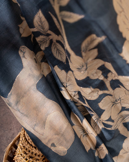 Steel Blue Tussar Floral Saree with Gold Zari Aari Work