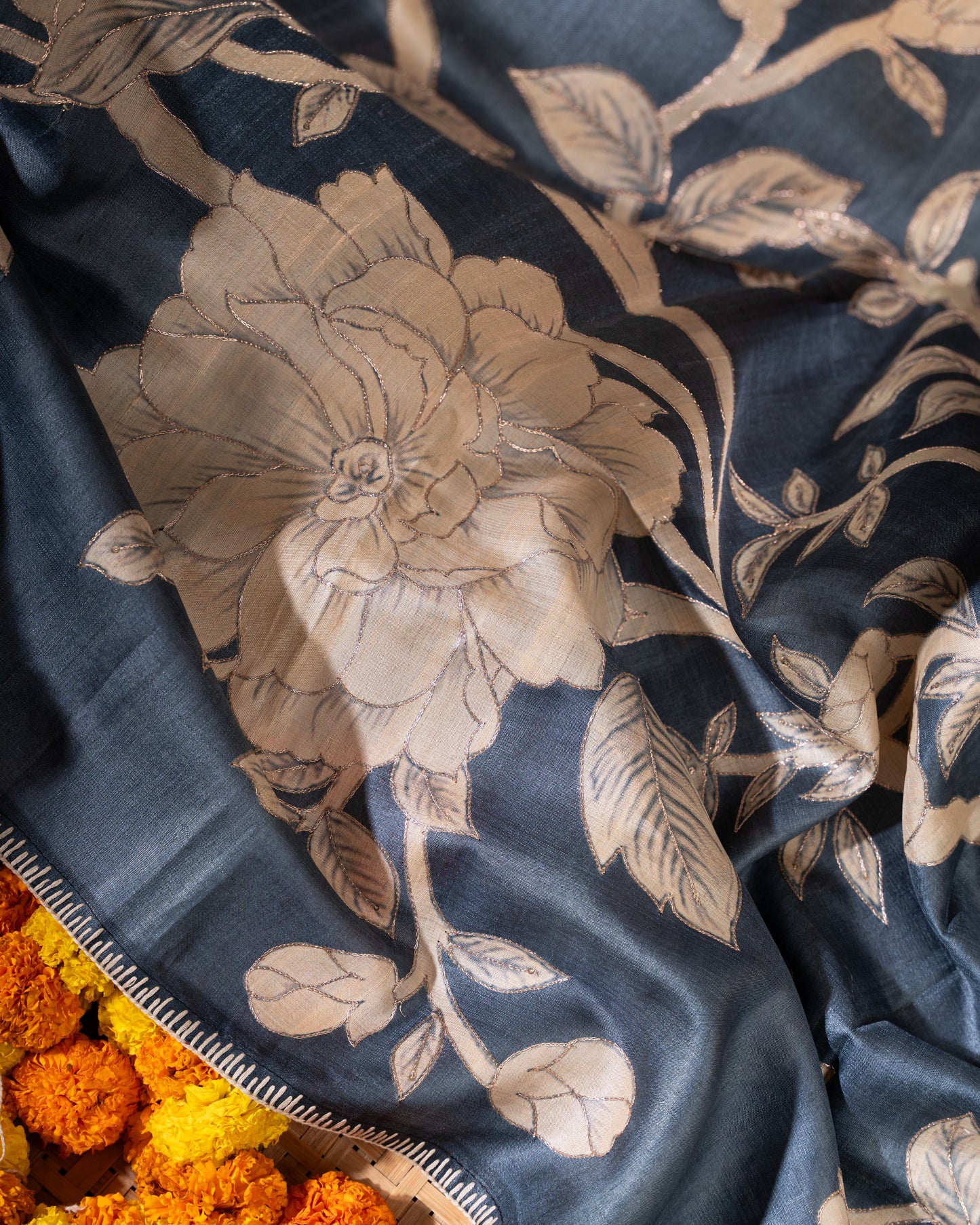 Steel Blue Tussar Floral Saree with Gold Zari Aari Work