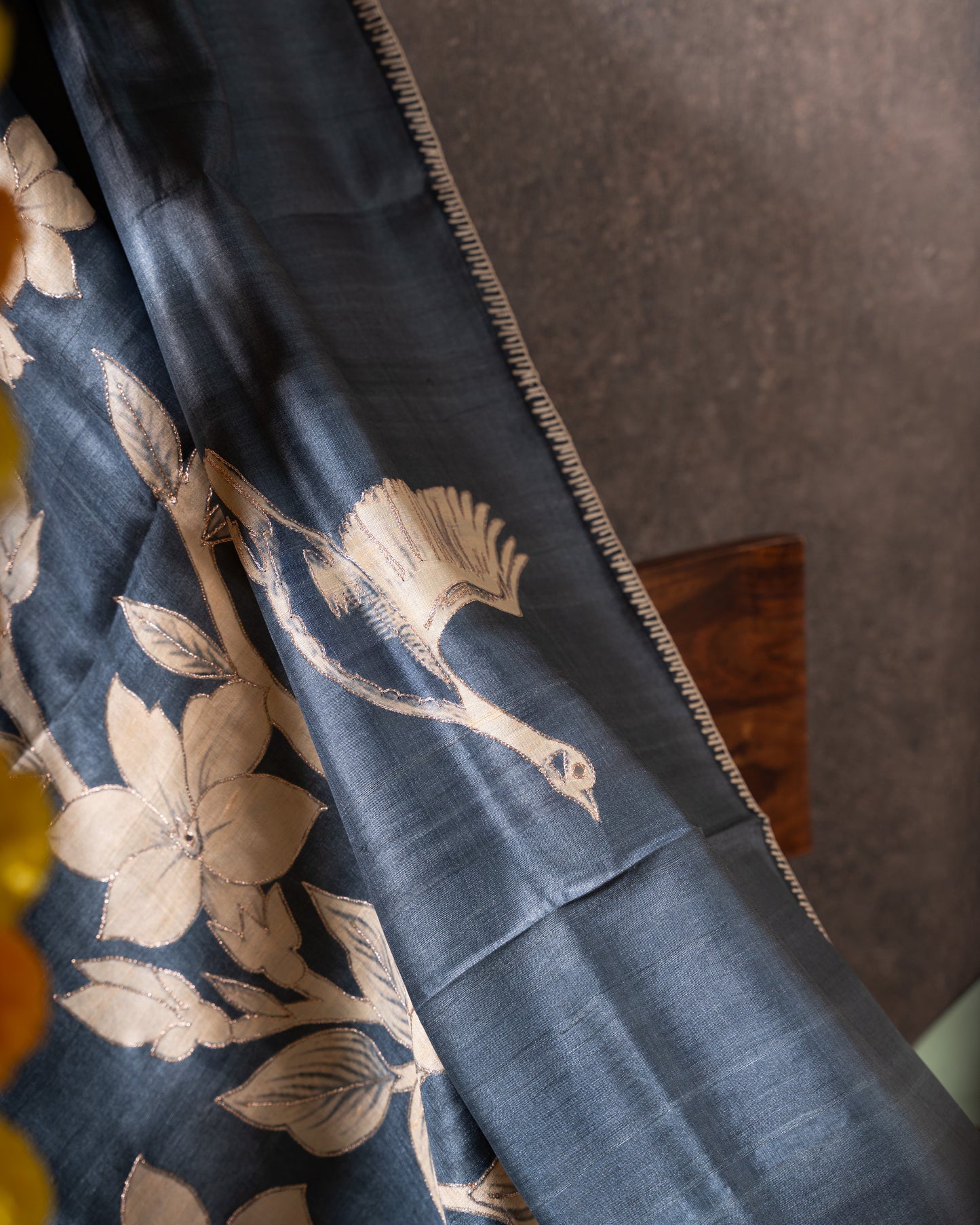 Steel Blue Tussar Floral Saree with Gold Zari Aari Work
