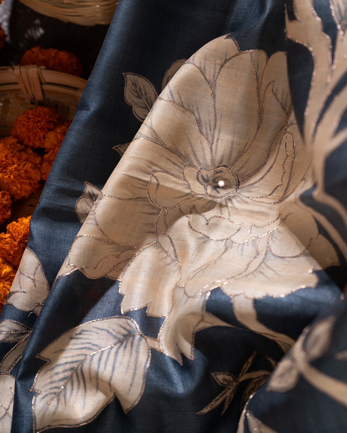 Steel Blue Tussar Floral Saree with Gold Zari Aari Work